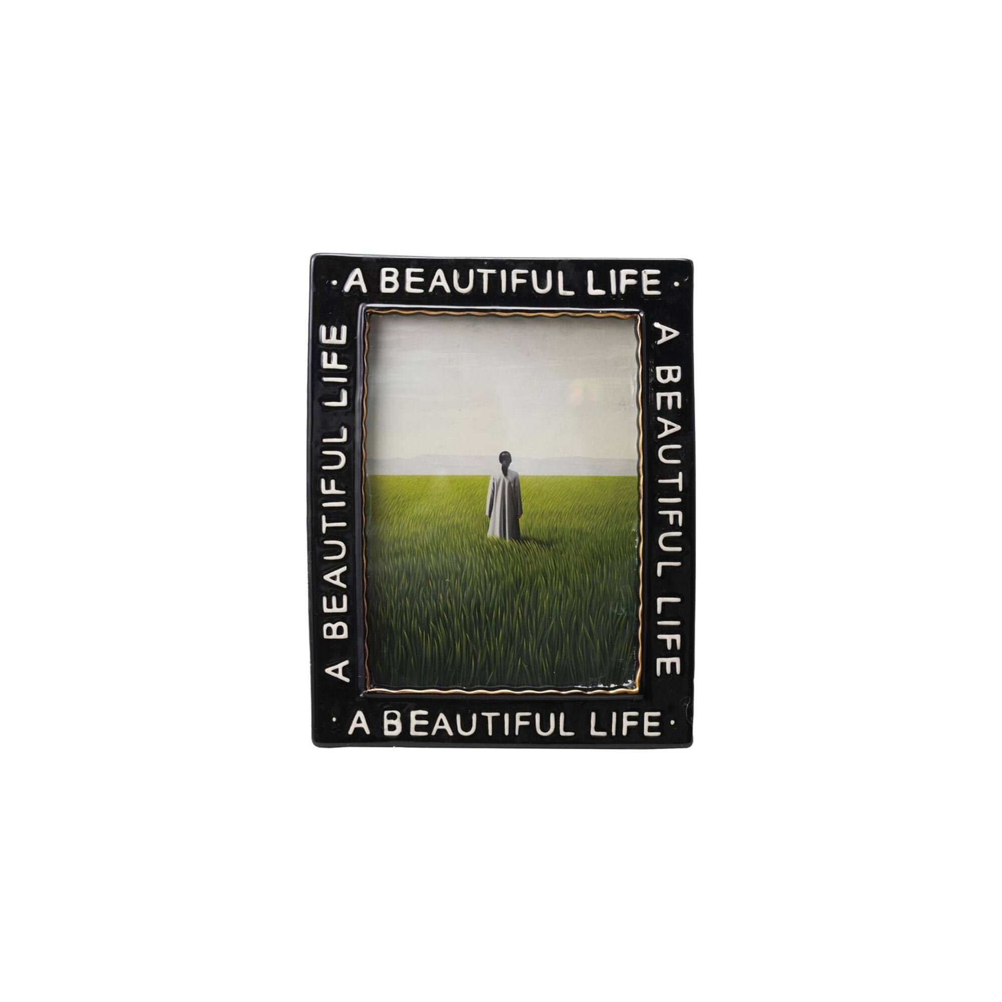 Hello Honey® Black Stoneware Photo Frame with A Beautiful Life Text